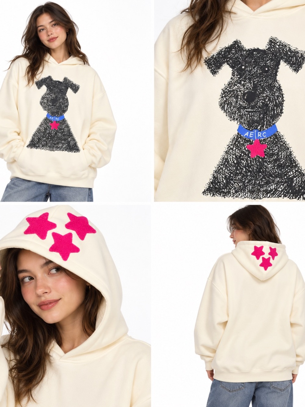 Aelfric Eden Cream Hoodie with Black Dog Graphic and Pink Star Details - Picture 2 of 6